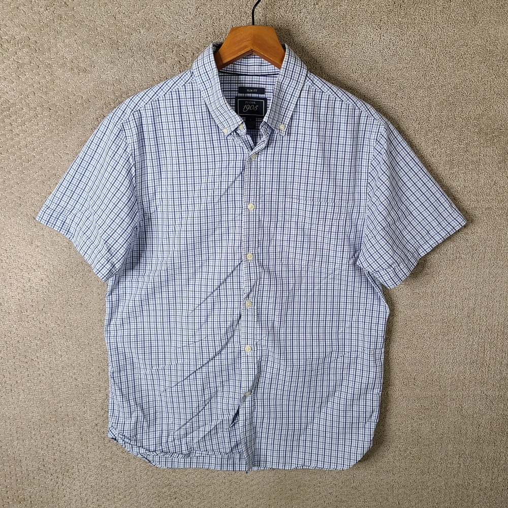Jos A Bank 1905 Shirt Men Large Blue White Check Slim Fit Short Sleeve Button Up